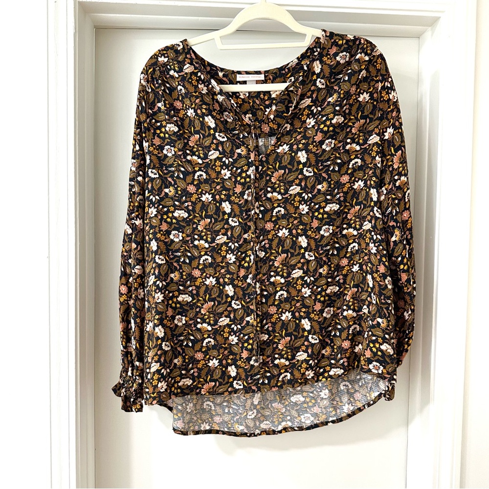 Knox Rose Black, Brown & White Floral Long Sleeve Blouse w/ Keyhole Tie, Size M